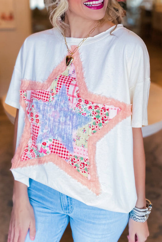 White Vibrant Star Patchwork Loose T-shirt Tops & Tees JT's Designer Fashion