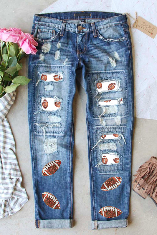 Sky Blue Sequin Rugby Football Patchwork Distressed Straight Leg Jeans Graphic Pants JT's Designer Fashion