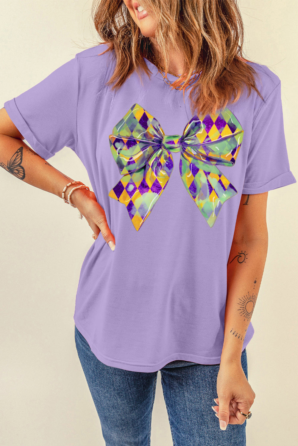 Wisteria Mardi Gras Bowknot Pattern Crew Neck T Shirt Graphic Tees JT's Designer Fashion