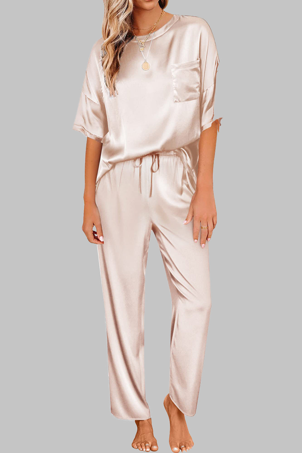 Apricot Satin Loose Tee and Drawstring Pants Set Bottoms JT's Designer Fashion