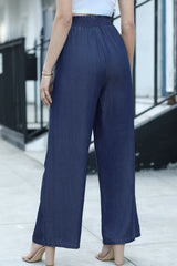 Sail Blue Side Pockets Frilled Smocked High Waist Wide Leg Jeans Jeans JT's Designer Fashion