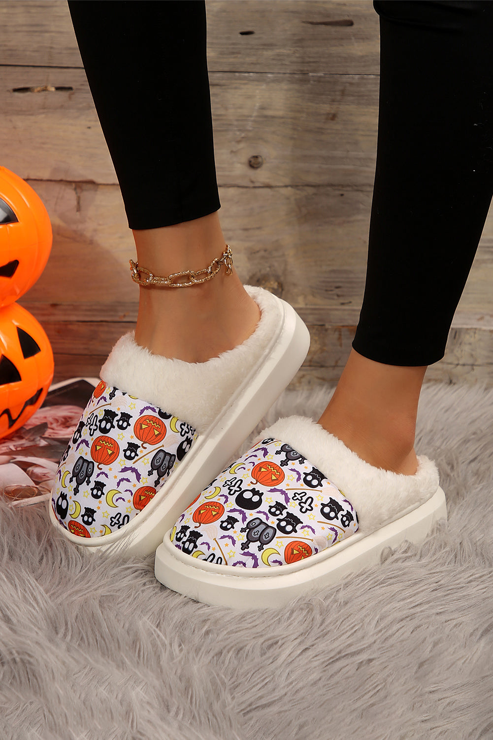 White Halloween Pumpkin Ghost Print Plush Home Slippers Slippers JT's Designer Fashion