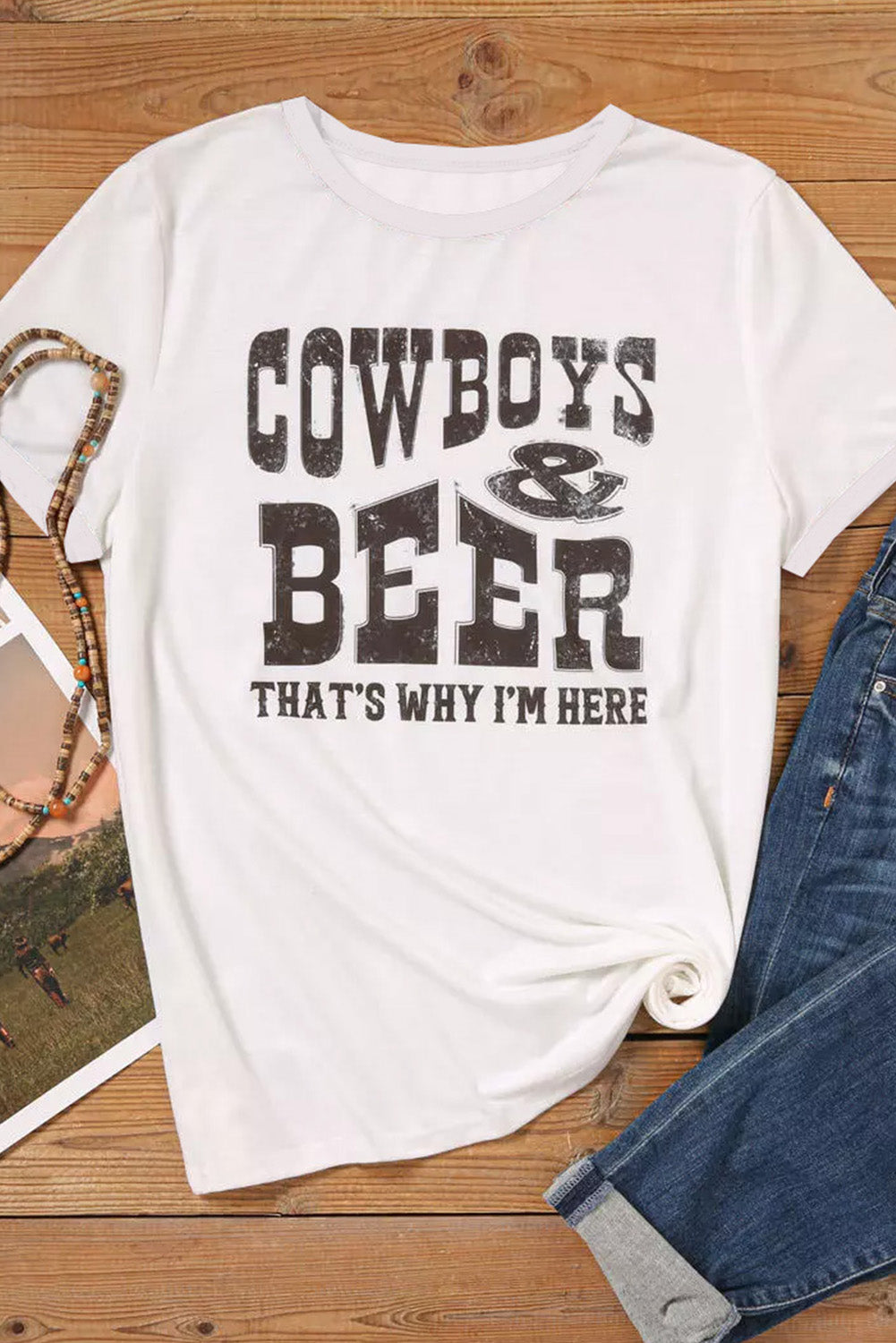 White COW BOYS & BEERS Graphic T-shirt Graphic Tees JT's Designer Fashion