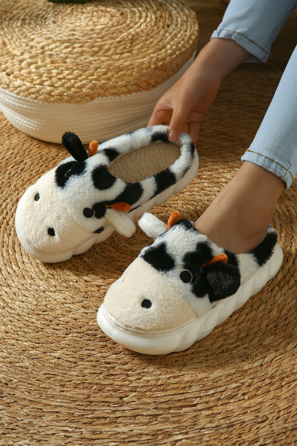 White Cute Cow Thick Sole Plush Thermal Home Slippers Slippers JT's Designer Fashion