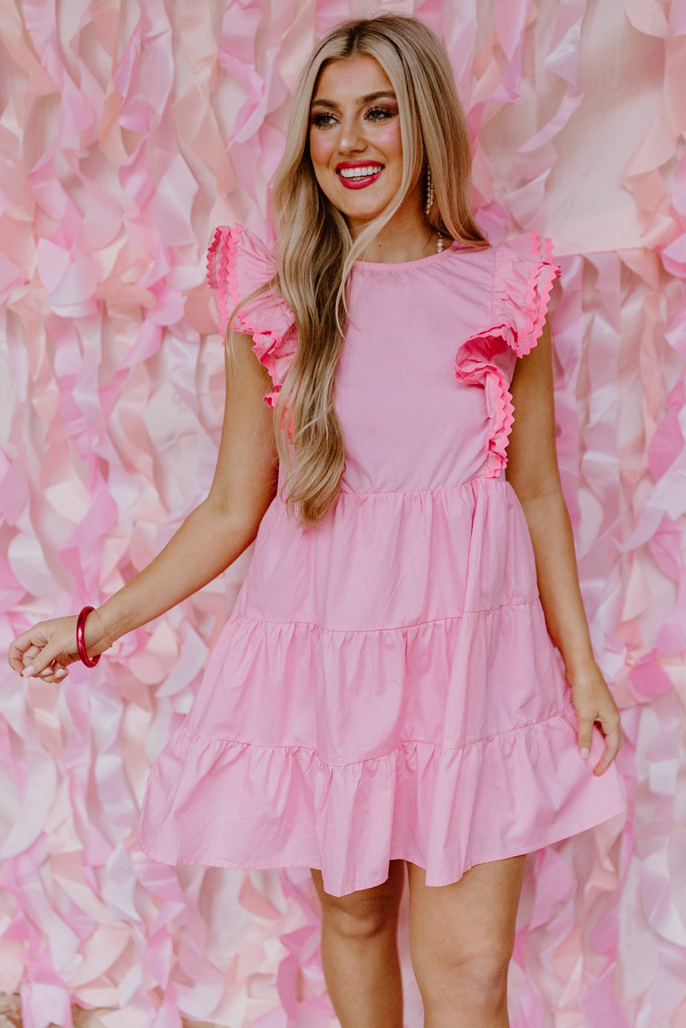 Pink Scalloped Flutter Sleeve Tiered Ruffled Mini Dress Dresses JT's Designer Fashion