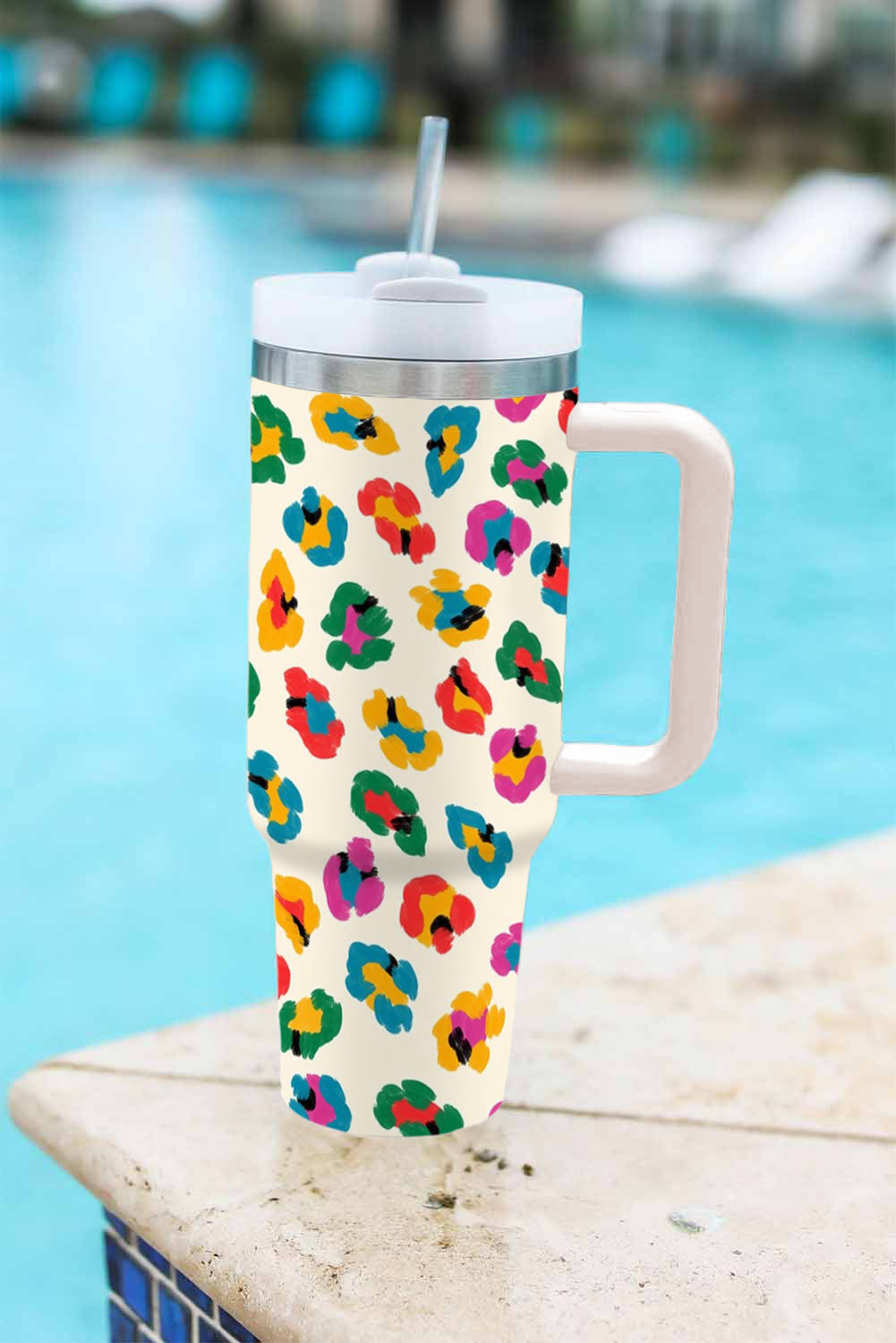 White Multi Color Leopard Print Handle Stainless Tumbler 40oz Tumblers JT's Designer Fashion