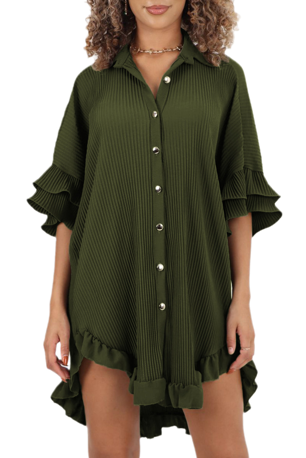 Moss Green High-low Hem Ruffle Sleeve Pleated Shirt Dress Mini Dresses JT's Designer Fashion