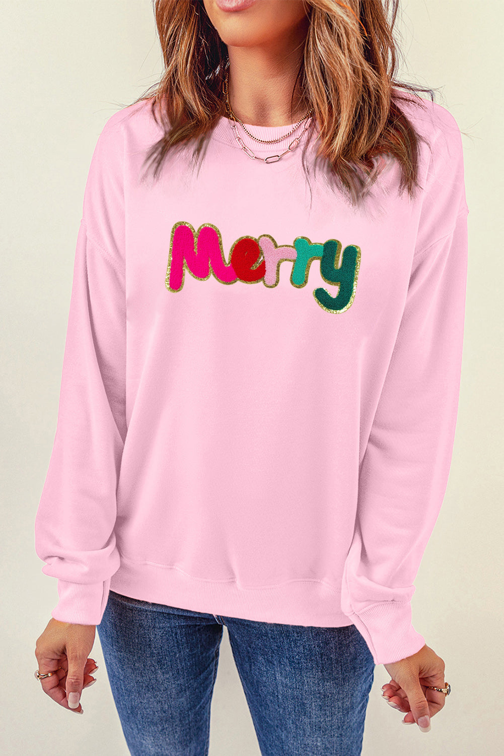 Pink Chenille Merry Graphic Christmas Sweatshirt Graphic Sweatshirts JT's Designer Fashion