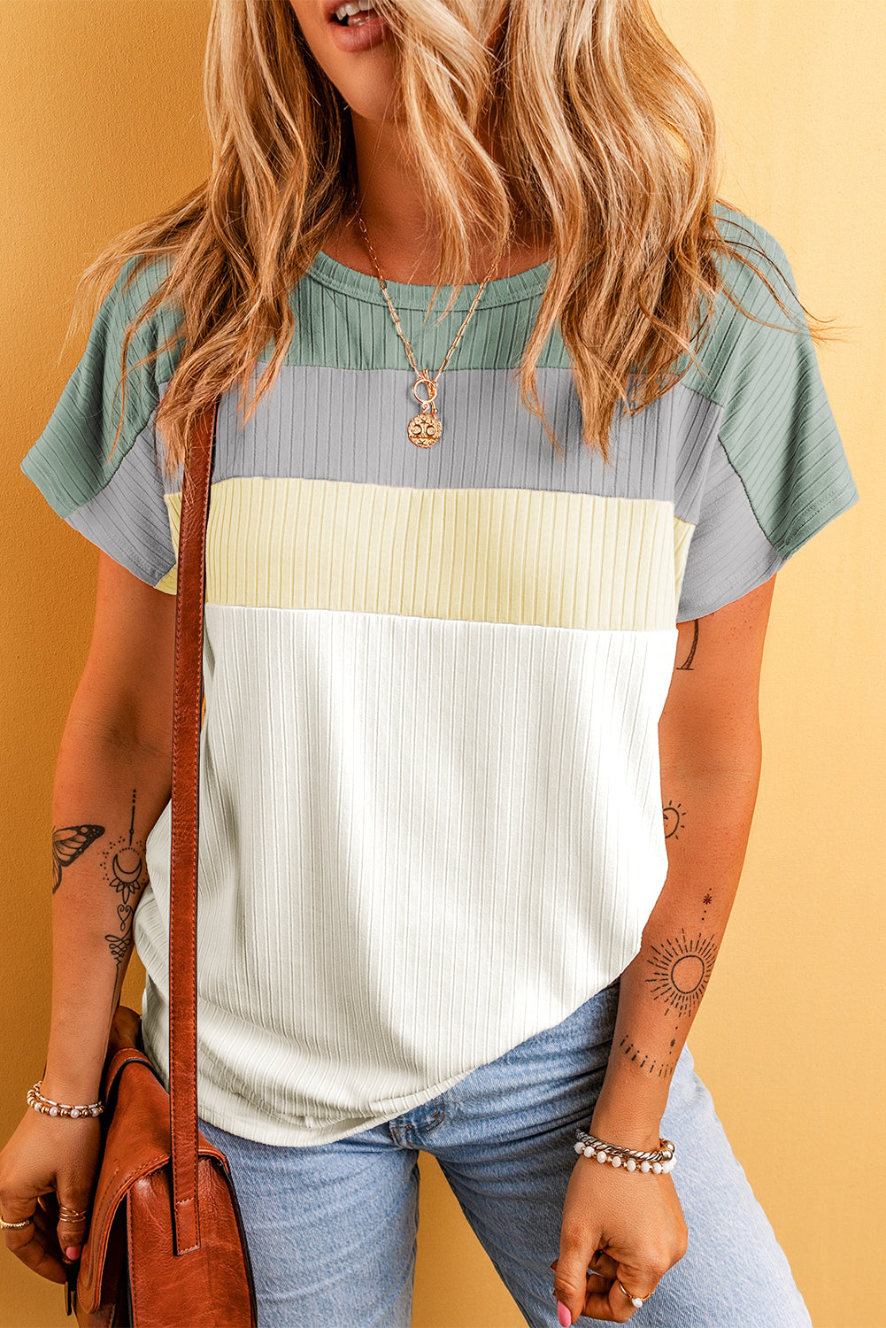 Moonlight Jade Ribbed Color Block Patchwork T-shirt Tops & Tees JT's Designer Fashion