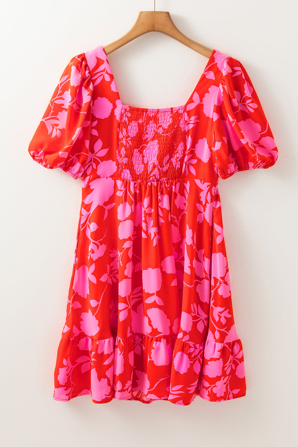 Red Floral Bubble Sleeve Sweetheart Neck Ruffled Mini Dress Floral Dresses JT's Designer Fashion