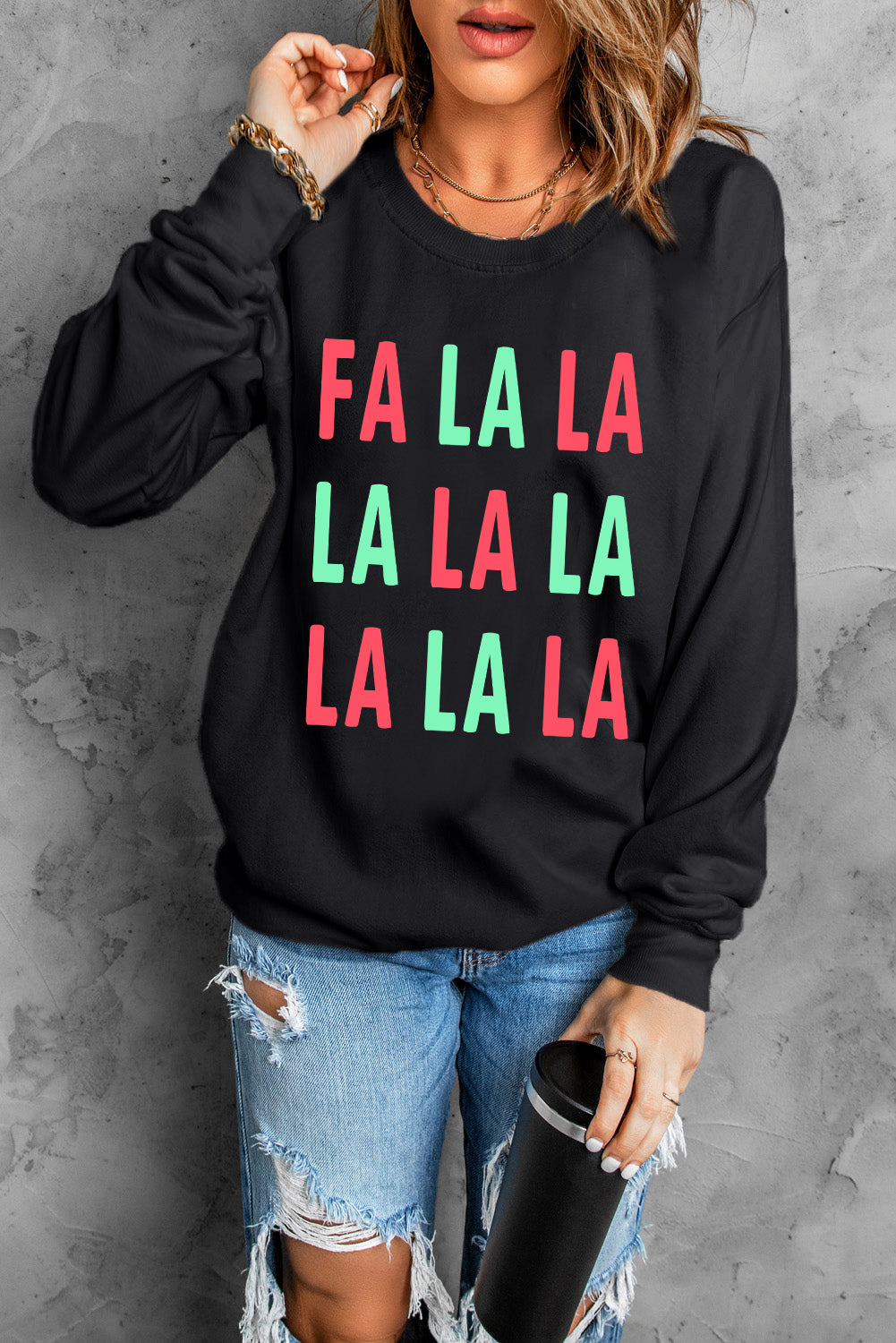 Black FA LA LA Christmas Letter Graphic Sweatshirt Graphic Sweatshirts JT's Designer Fashion