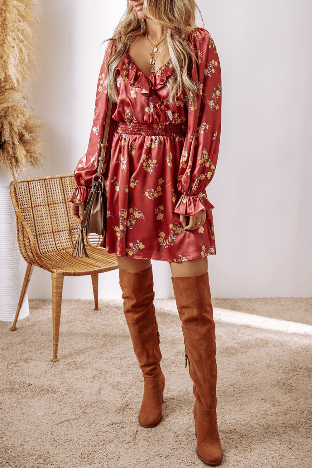 Red Clay Floral Print Shirred Waist Ruffled Trim V Neck Mini Dress Floral Dresses JT's Designer Fashion