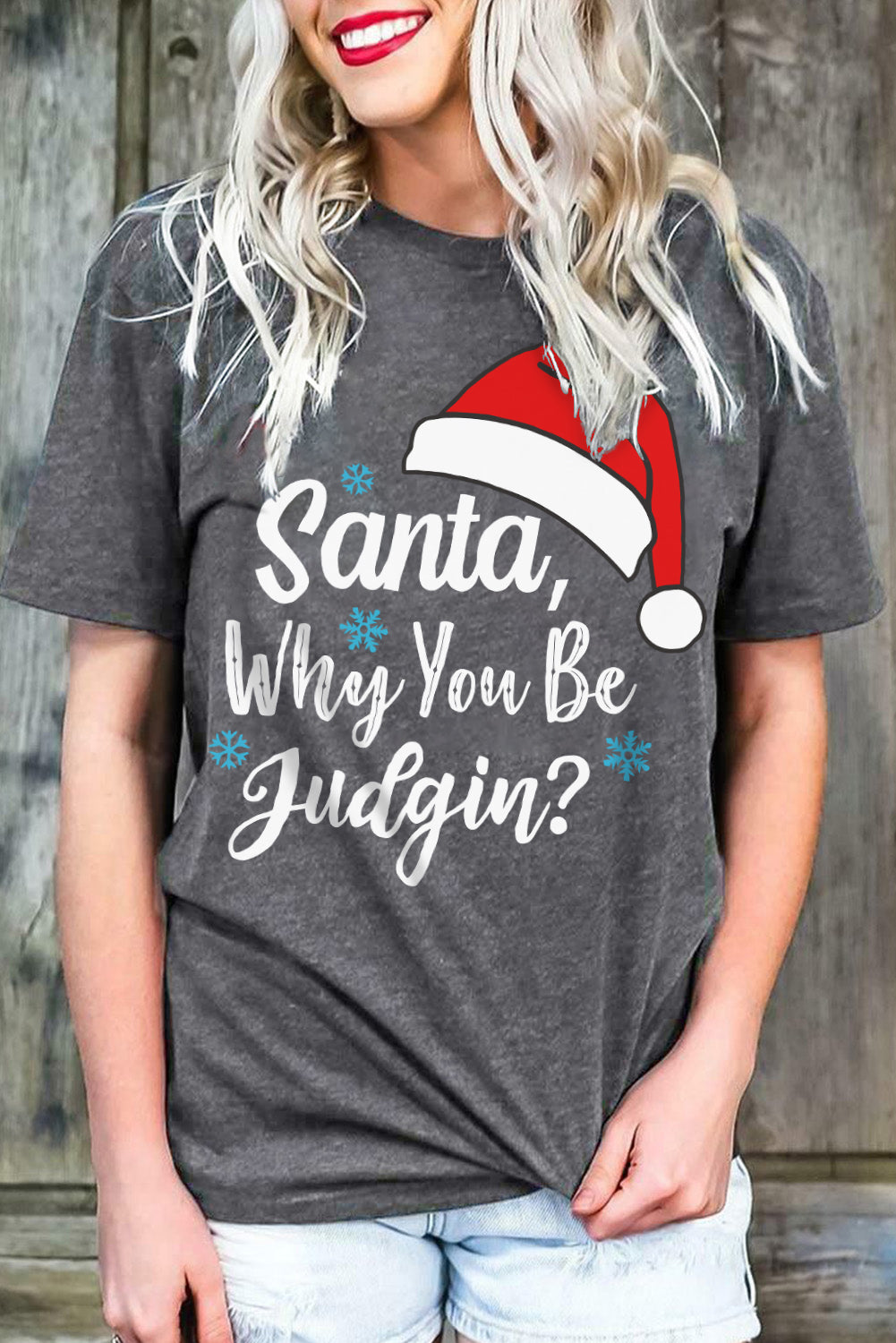 Gray Christmas Santa Hat Snowflake Slogan Graphic Tee Graphic Tees JT's Designer Fashion