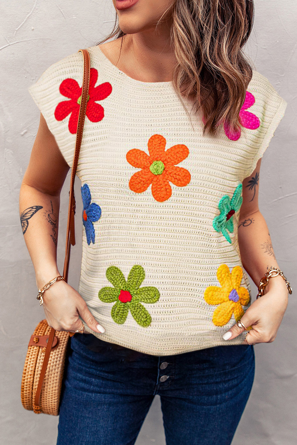 White Flower Crochet Round Neck Knitted Top Sweaters & Cardigans JT's Designer Fashion