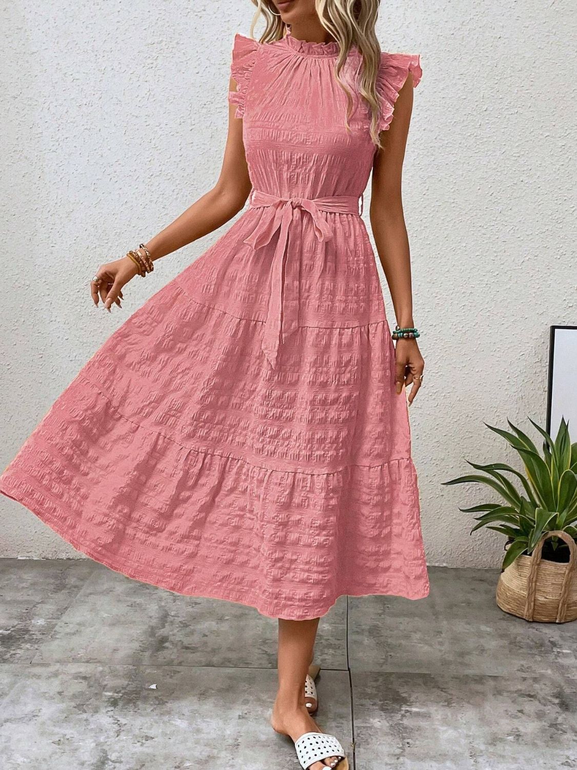 Tied Ruffled Cap Sleeve Midi Dress Burnt Coral Midi Dresses JT's Designer Fashion