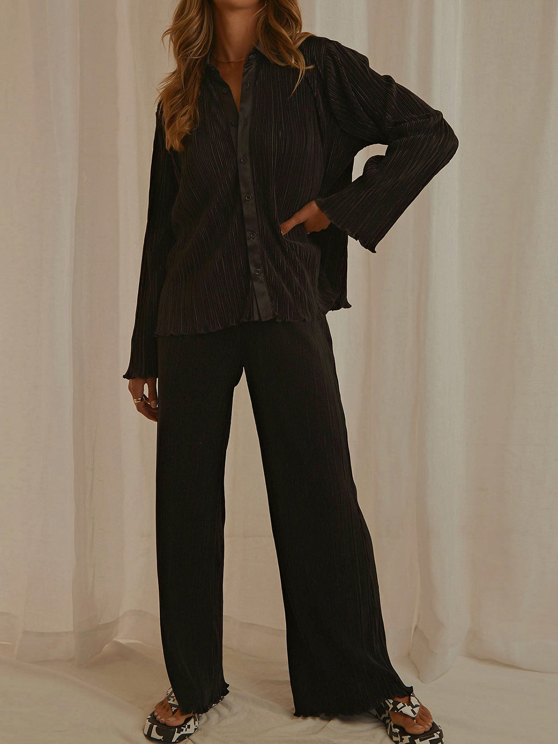 Collared Neck Long Sleeve Top and Pants Lounge Set Black Sleepwear JT's Designer Fashion