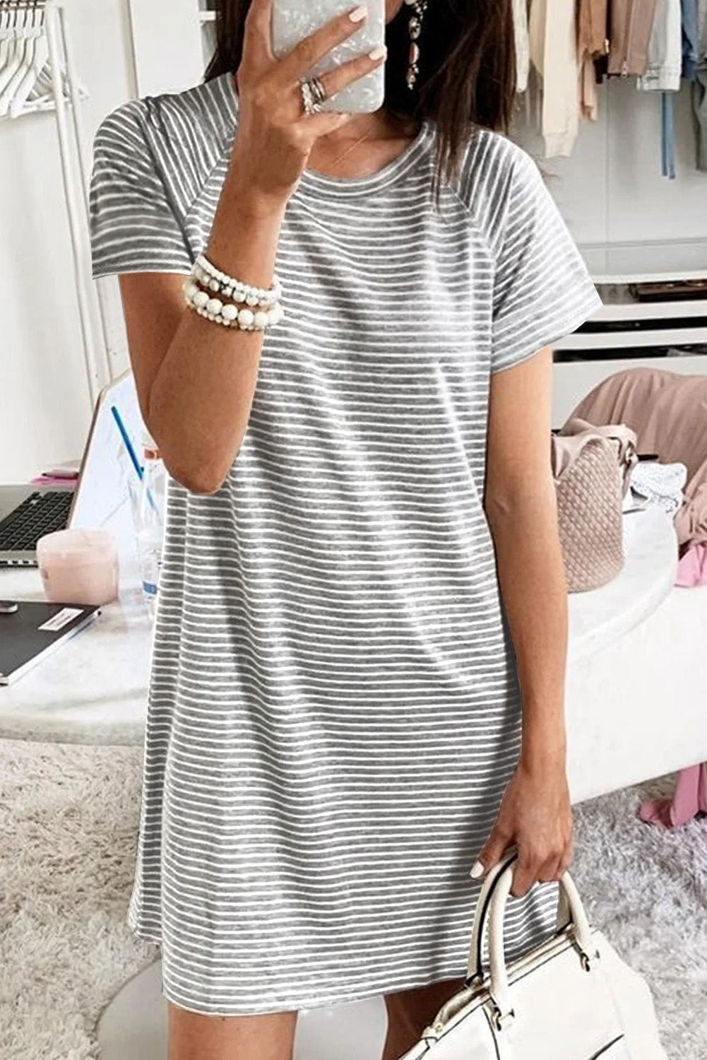 Gray Raglan Sleeve Striped Cotton-blend T-shirt Mini Dress T Shirt Dresses JT's Designer Fashion