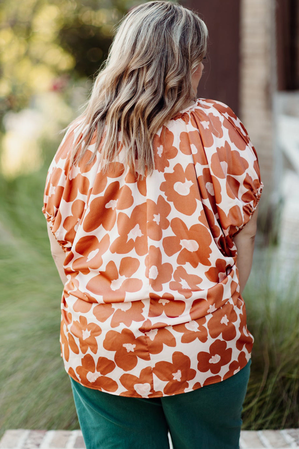 Orange Plus Size Floral Print Drawstring V Neck Short Sleeve Blouse Plus Size JT's Designer Fashion