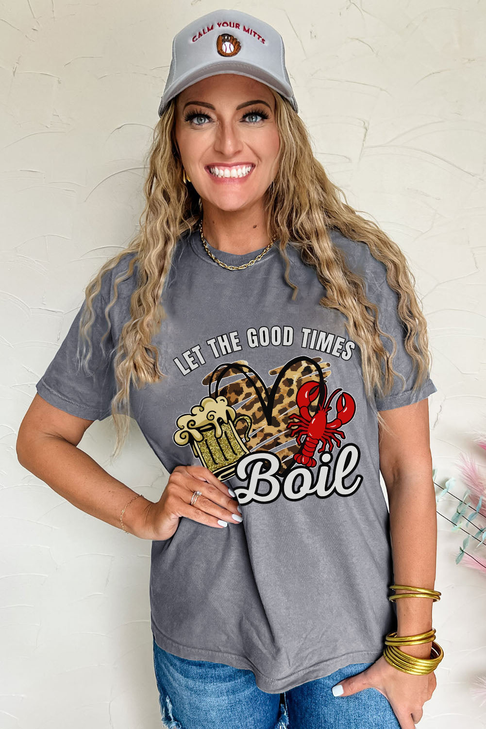 Gray Let The Good Times Boil Crawfish Leopard Heart Graphic Tee Graphic Tees JT's Designer Fashion