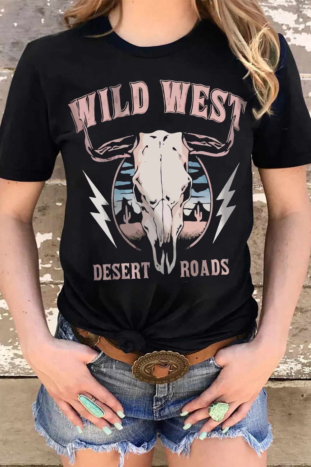 Black Wild West Desert Roads Steer Head Graphic Tee Graphic Tees JT's Designer Fashion