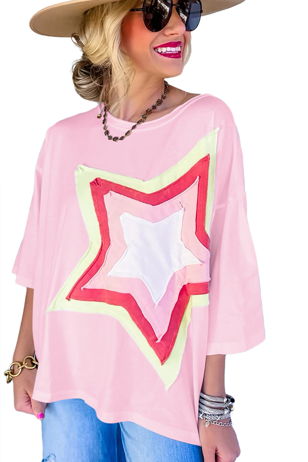 Light Pink Colorblock Star Patched Half Sleeve Oversized Tee Tops & Tees JT's Designer Fashion