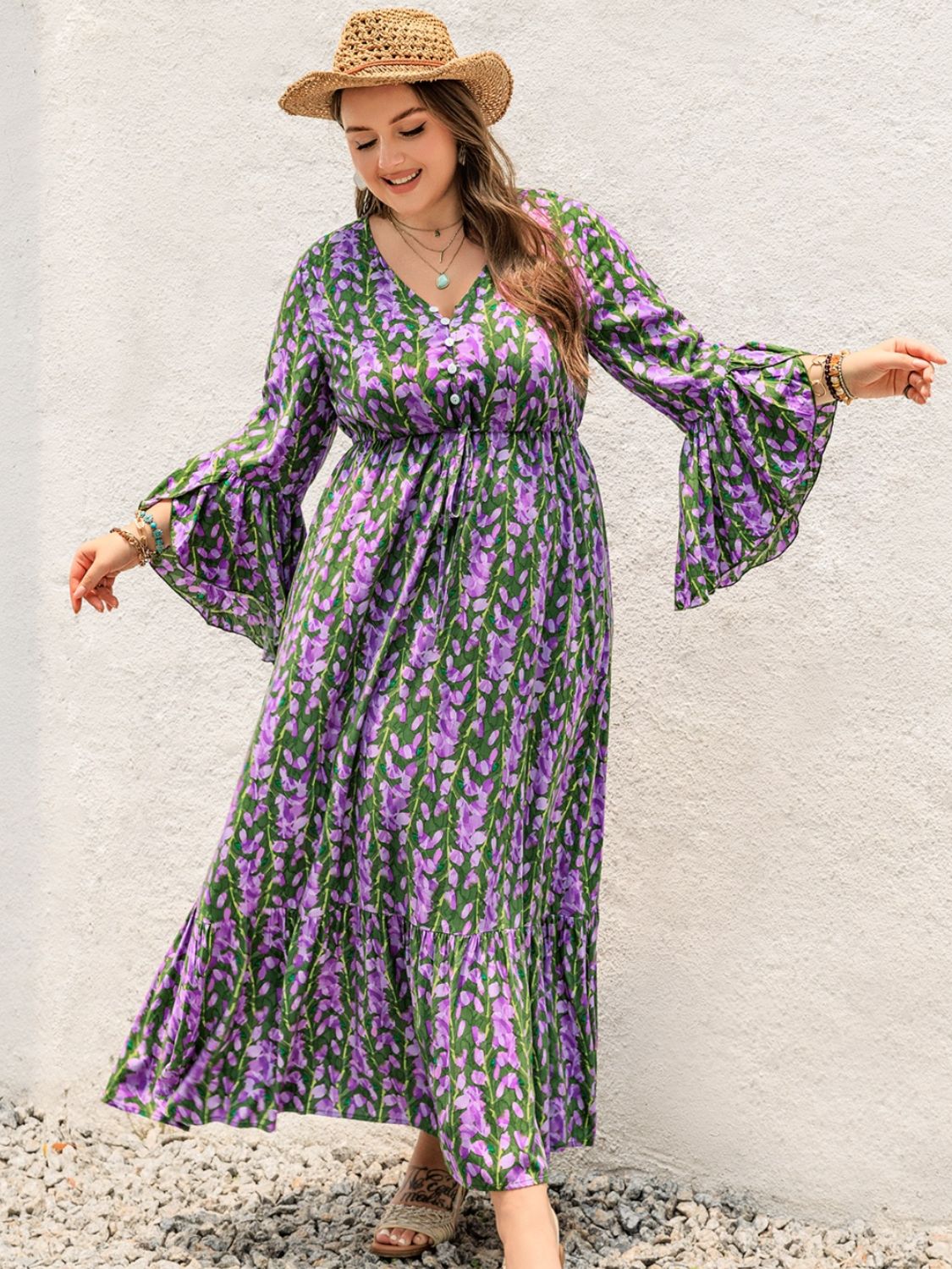 Plus Size Printed V-Neck Long Sleeve Maxi Dress Maxi Dresses JT's Designer Fashion