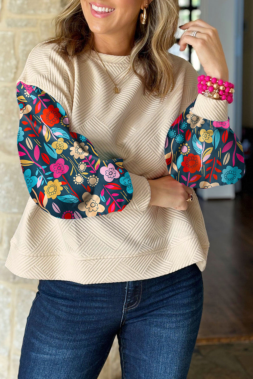 White Contrast Floral Sleeve Textured Drop Shoulder Knit Top Long Sleeve Tops JT's Designer Fashion