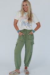 Grass Green Textured Cargo Pocketed Drawstring Ruffled Jogger High Waist Pants Bottoms JT's Designer Fashion