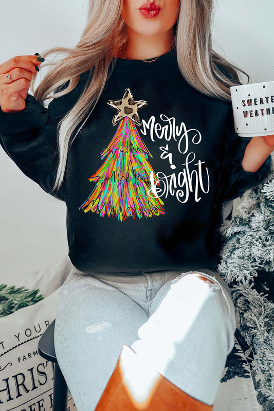 Black Merry & Bright Christmas Tree Graphic Sweatshirt Black 50%Polyester+50%Cotton Graphic Sweatshirts JT's Designer Fashion