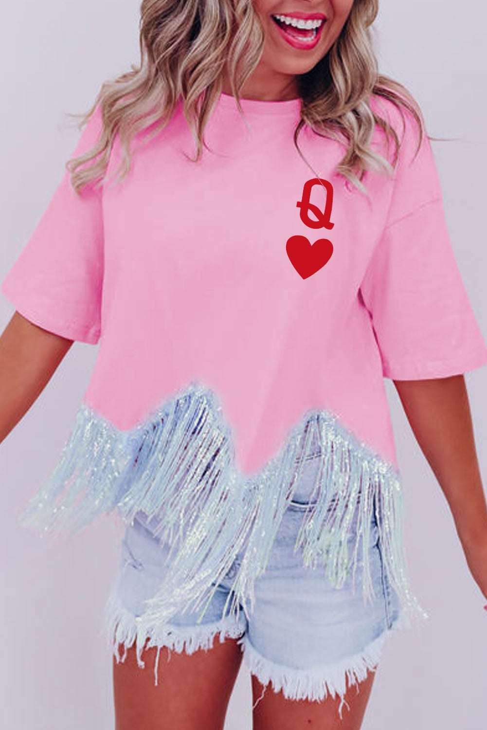 Pink Queen Card Sequin Fringed Hem T-shirt Graphic Tees JT's Designer Fashion