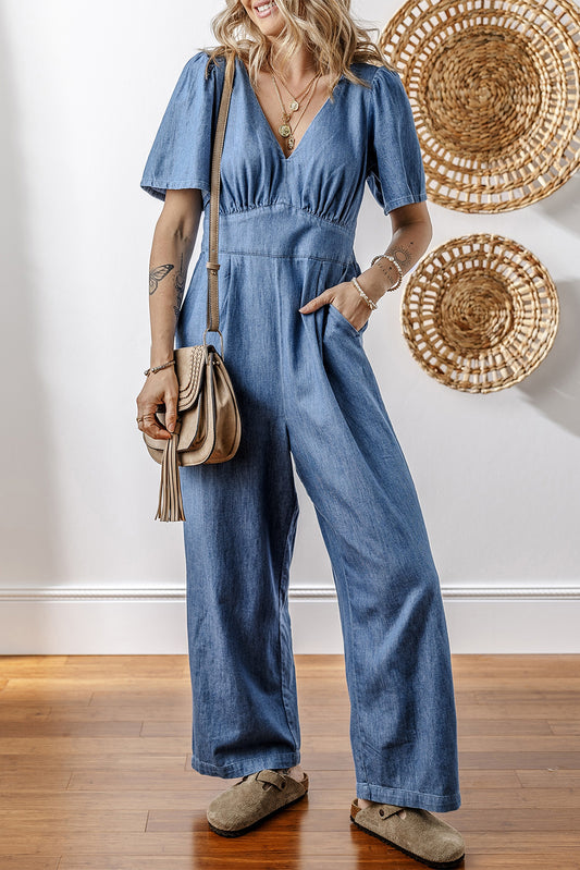 Ashleigh Blue V Neck Short Sleeve Smocked Back Denim Loose Jumpsuit Jumpsuits & Rompers JT's Designer Fashion