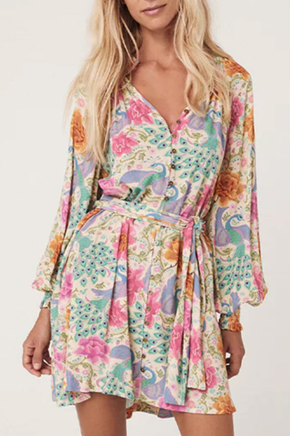 Multicolour Floral Print Bubble Sleeve Buttoned V Neck Mini Dress Floral Dresses JT's Designer Fashion