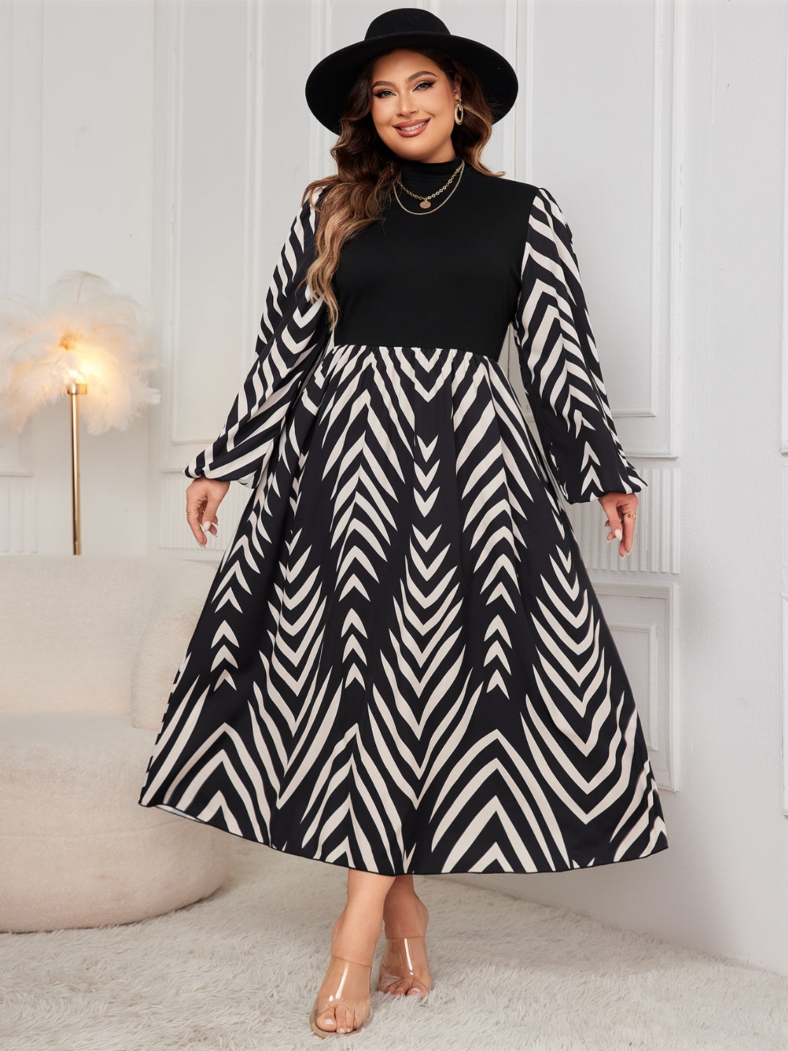 Plus Size Printed Mock Neck Long Sleeve Midi Dress Maxi Dresses JT's Designer Fashion