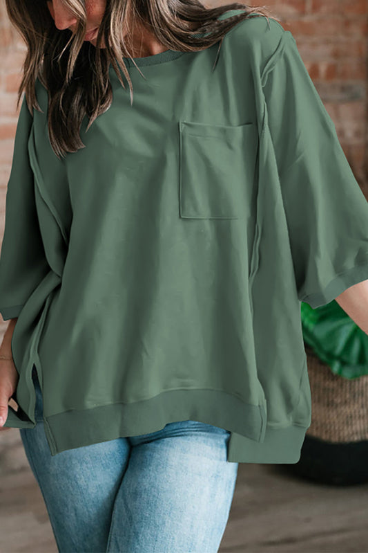 Laurel Green Exposed Seam Chest Pocket Split Loose T Shirt Tops & Tees JT's Designer Fashion