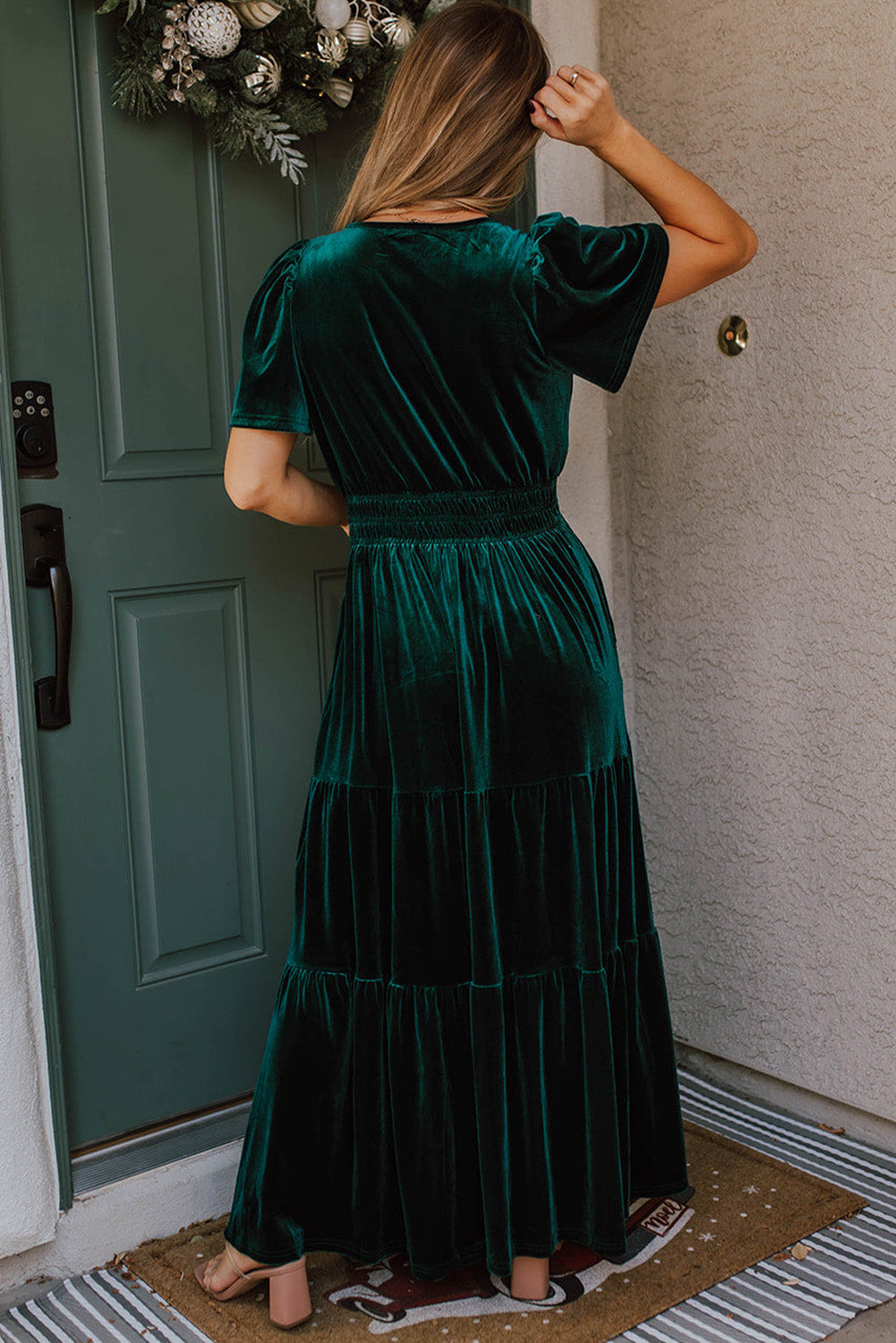 Evergreen Velvet Short Sleeve Shirred Waist Tiered Maxi Dress Maxi Dresses JT's Designer Fashion