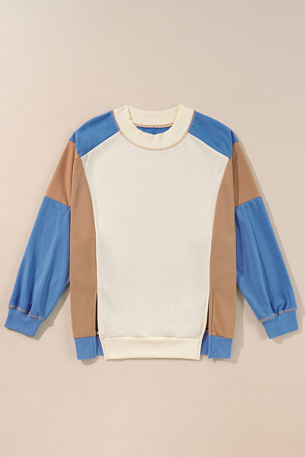 Slit Color Block Round Neck Long Sleeve Sweatshirt Long Sleeve Tops JT's Designer Fashion