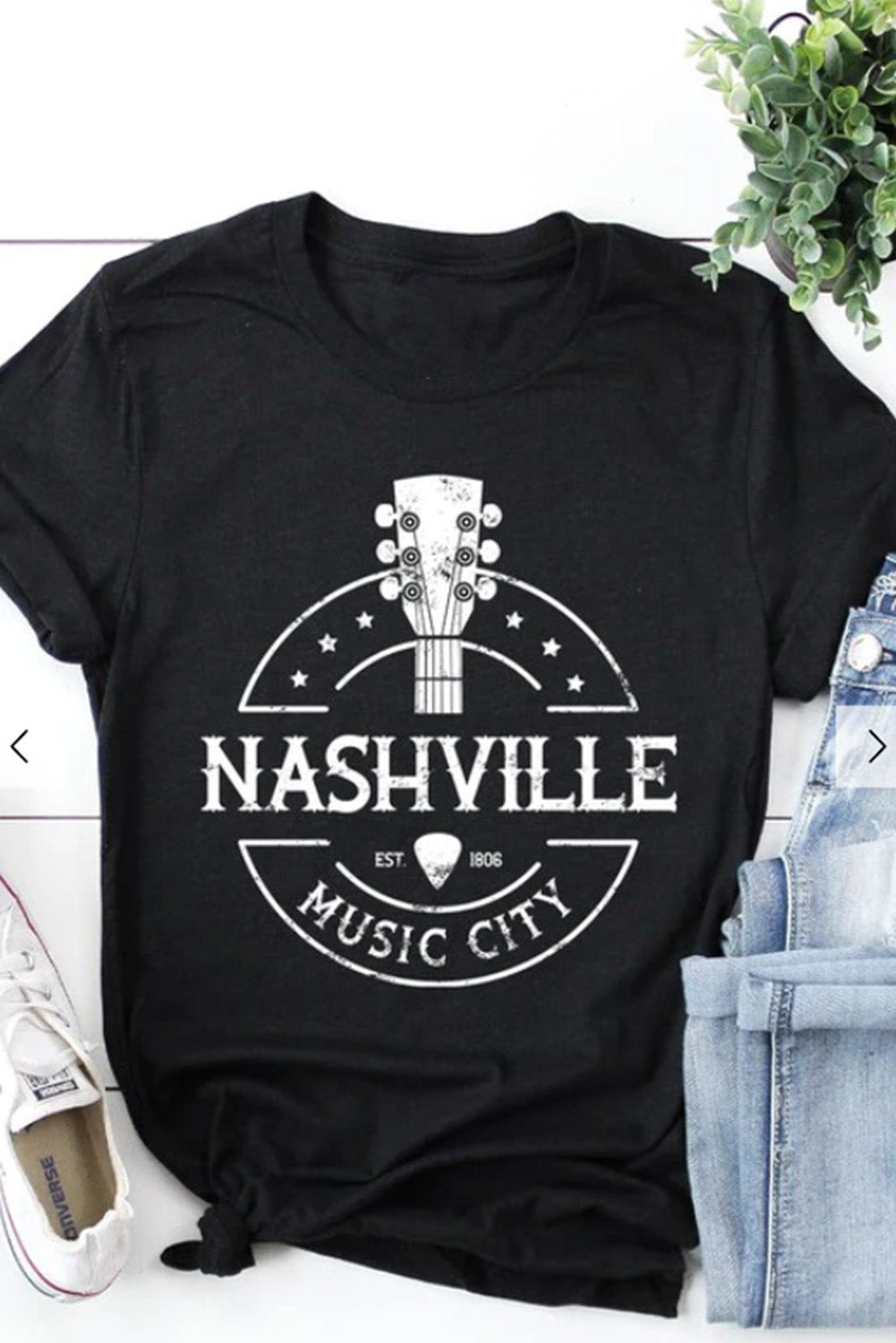 Black NASHVILLE MUSIC CITY Graphic Print Crew Neck T Shirt Black 95%Polyester+5%Elastane Graphic Tees JT's Designer Fashion