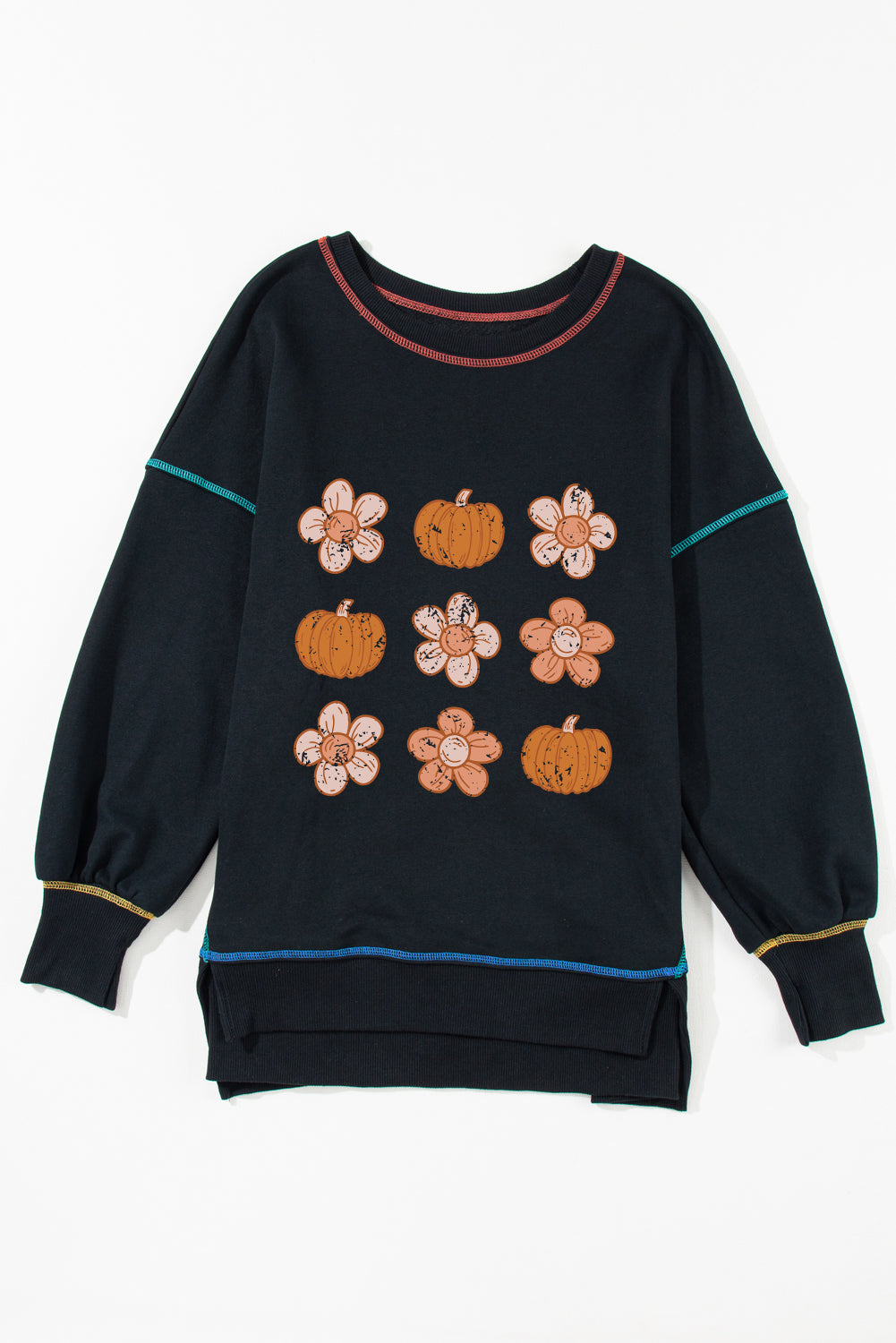 Black Floral Pumpkin Graphic Split Lantern Sleeve Seamed Sweatshirt Graphic Sweatshirts JT's Designer Fashion