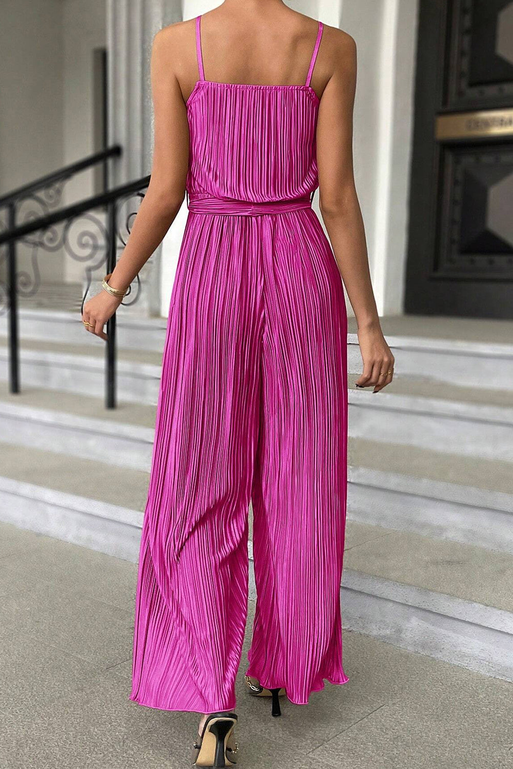 Bright Pink Spaghetti Straps Drape Front Pleated Wide Leg Jumpsuit Bottoms JT's Designer Fashion