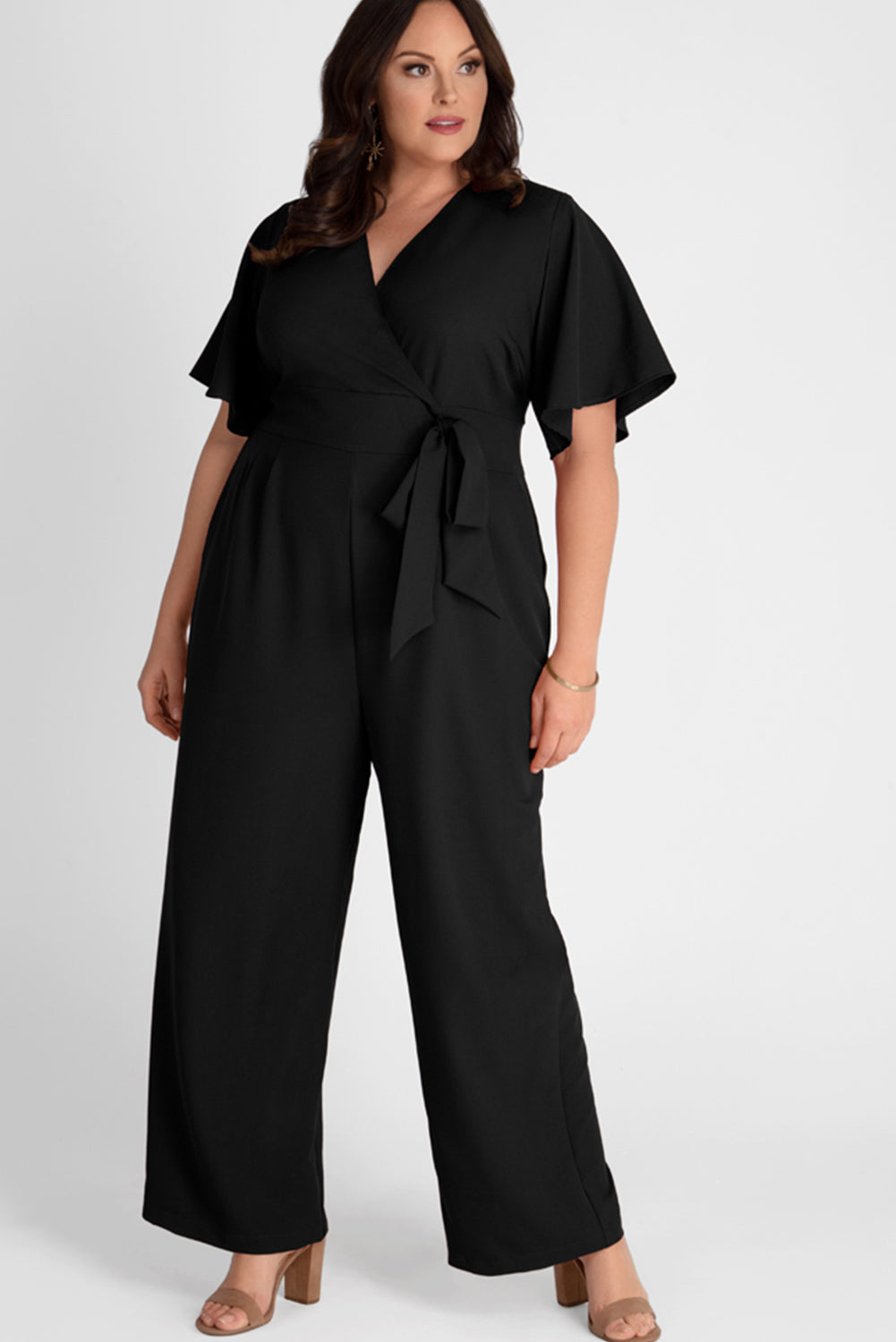 Black V Neck Tie Knot High Waist Plus Size Jumpsuit Jumpsuits & Rompers JT's Designer Fashion