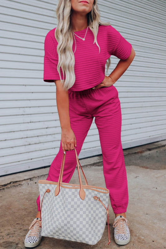 Rose Red Lattice Textured Cropped Tee and Jogger Pants Set Bottoms JT's Designer Fashion