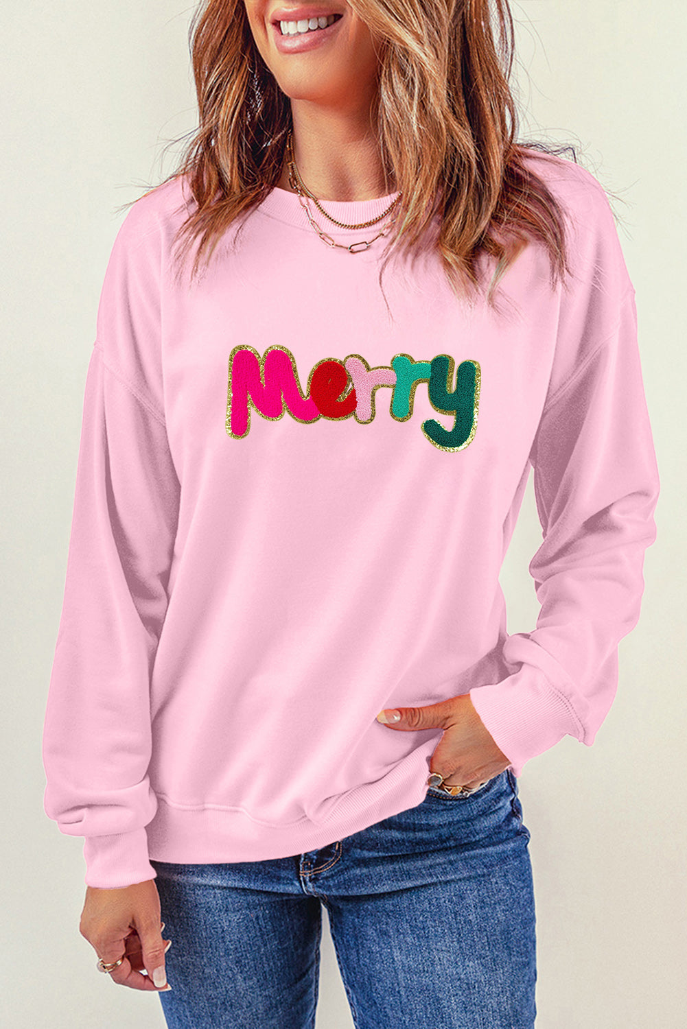 Pink Chenille Merry Graphic Christmas Sweatshirt Graphic Sweatshirts JT's Designer Fashion