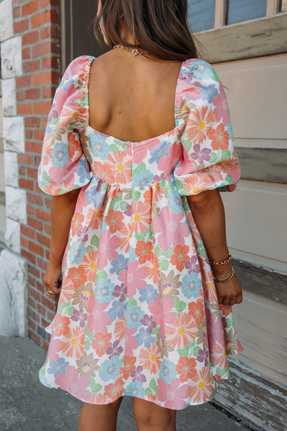 Multicolour Floral Puff Sleeve Square Neck Plus Babydoll Dress Plus Size JT's Designer Fashion