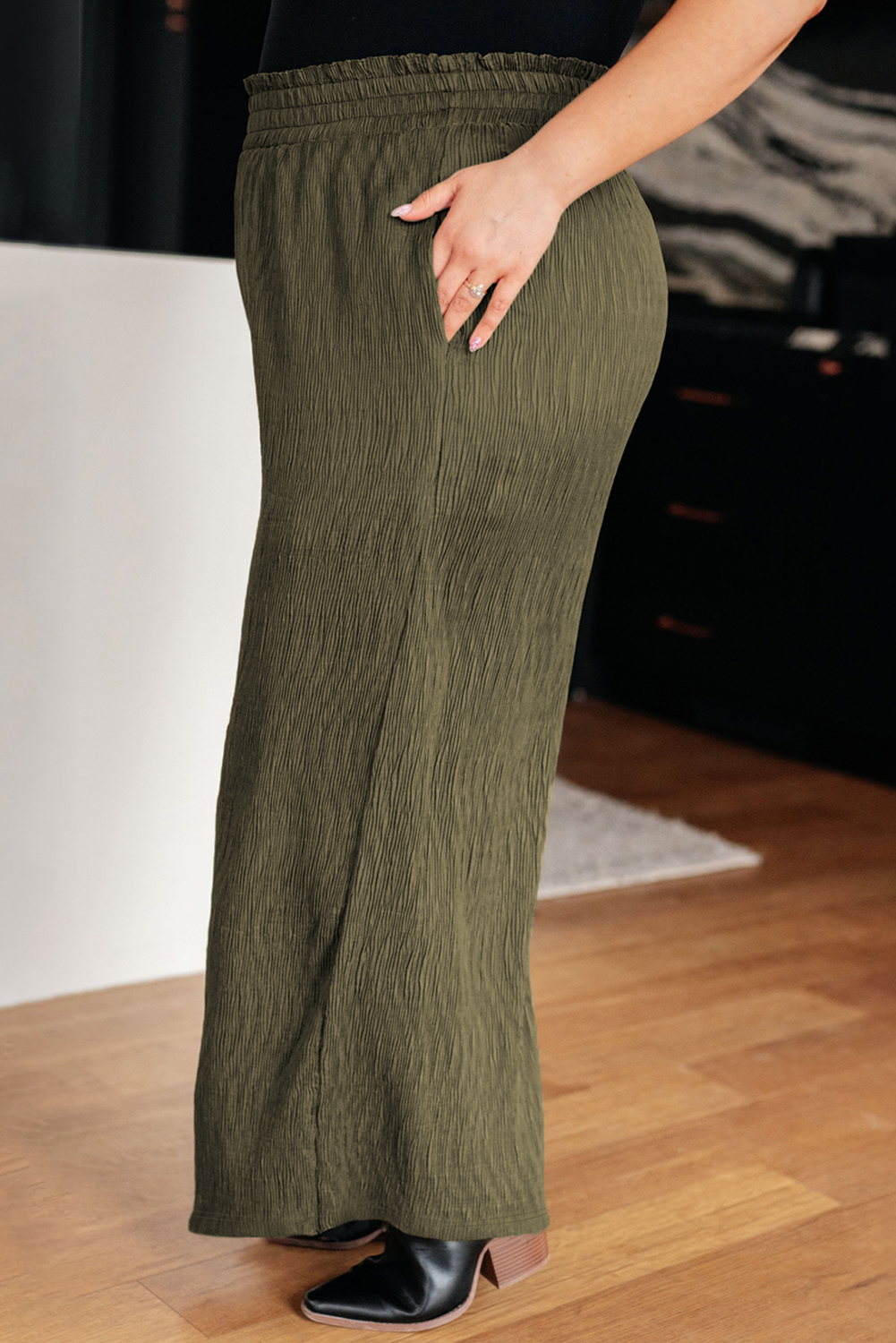 Jungle Green Plus Size Textured Shirred High Waist Casual Pants Plus Size Bottoms JT's Designer Fashion