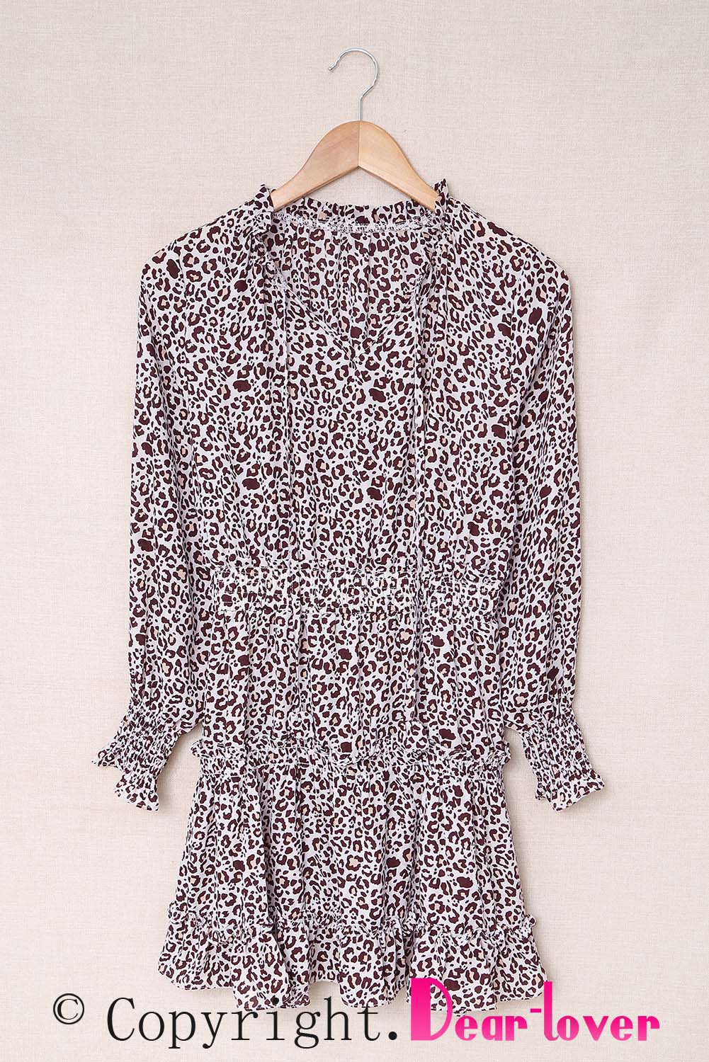 Leopard V Neck Long Sleeve Tie Waist Mini Dress Mini Dresses JT's Designer Fashion