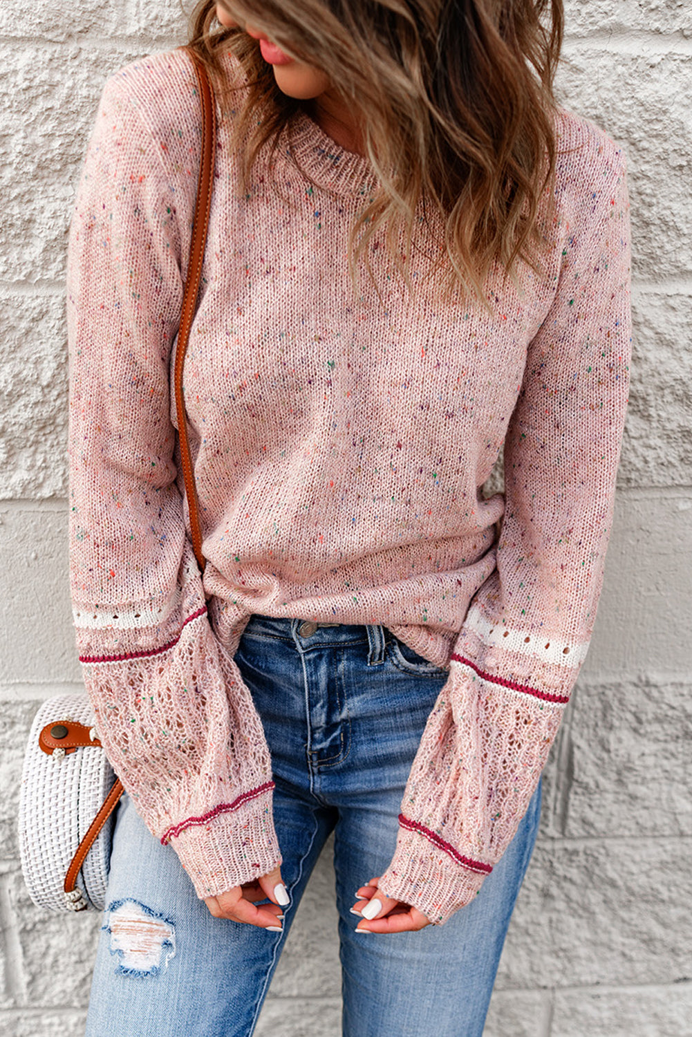 Pink Pilling Detail Patterned Sleeve Sweater Sweaters & Cardigans JT's Designer Fashion