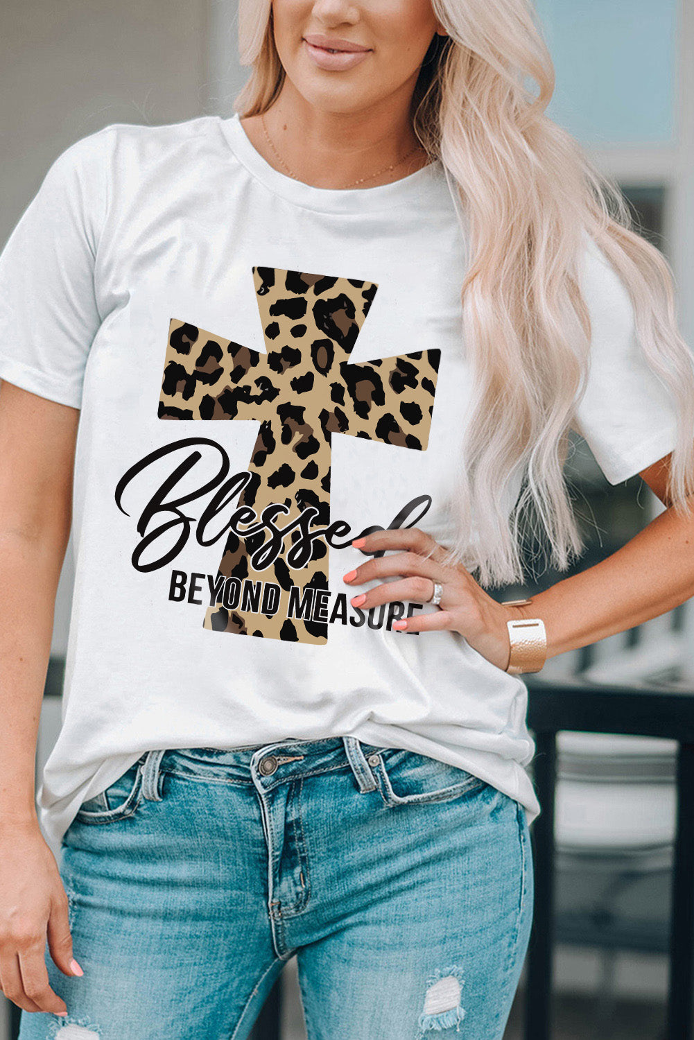 White Blessed Leopard Cross Graphic T Shirt Graphic Tees JT's Designer Fashion