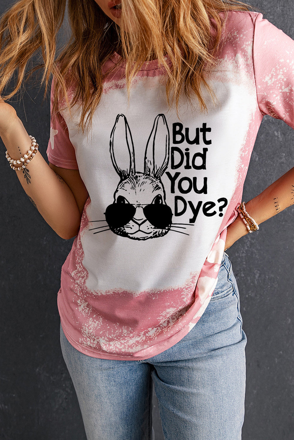 Pink Easter Rabbit Slogan Tie Dye Print Crewneck T Shirt Graphic Tees JT's Designer Fashion