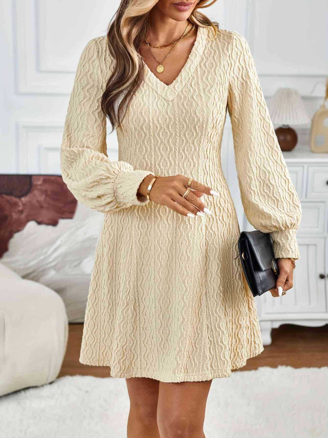 Lace Detail V-Neck Long Sleeve Dress Midi Dresses JT's Designer Fashion