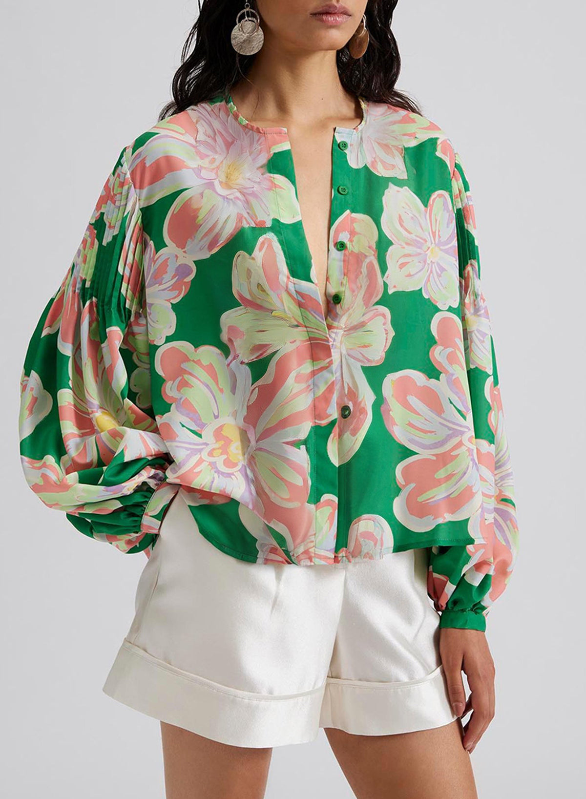 Green Floral Print Button up Pleated Puff Sleeve Loose Shirt Blouses & Shirts JT's Designer Fashion